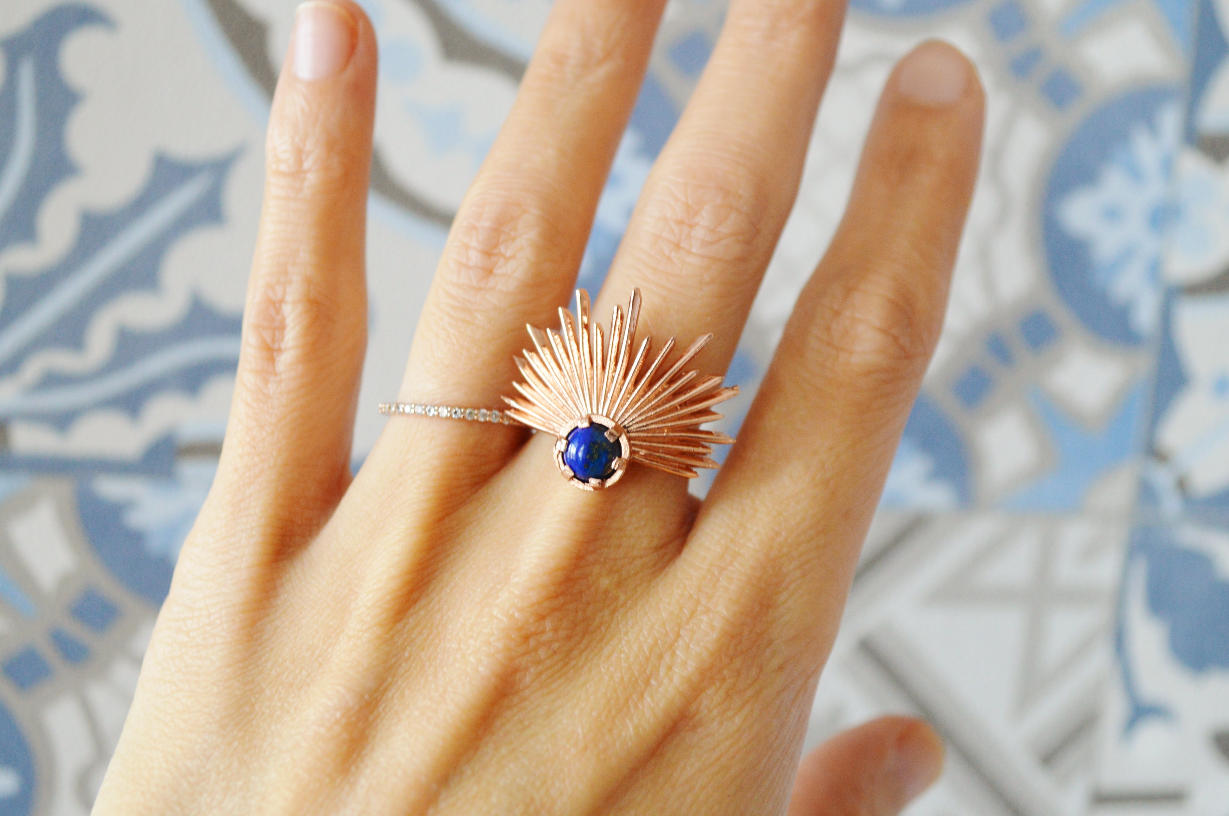 Bague Or Rose Soleils Art Deco Bleu Marine Lapis Lazuli Mes