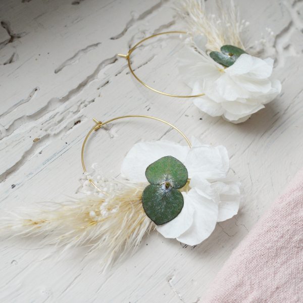 Boucles d'oreilles pampas, hortensias et eucalyptus - accessoire de cheveux mariage champêtre et bohème